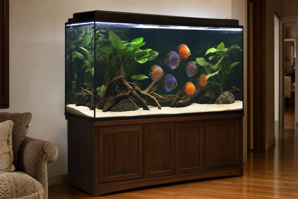 Acuario alto de agua dulce sobre un mueble de madera con arena, raíces, plantas y un grupo de peces disco (imagen generada con AI)