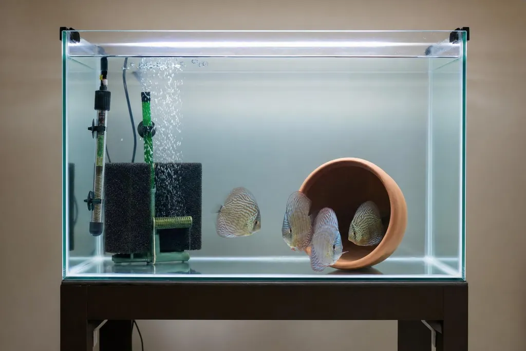Acuario de cuarentena sencillo con fondo desnudo, filtro de esponja y pequeños peces disco tranquilos (imagen generada con AI)
