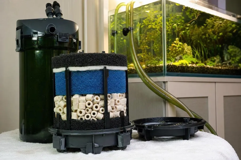 Filtro exterior de acuario abierto con esponjas y canutillos cerámicos, con un acuario plantado al fondo (imagen generada con AI)