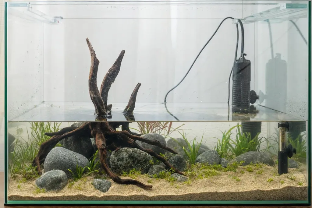 Acuario recién decorado y a medio llenar, con arena en pendiente, una raíz grande, piedras y plantas jóvenes (imagen generada con AI)