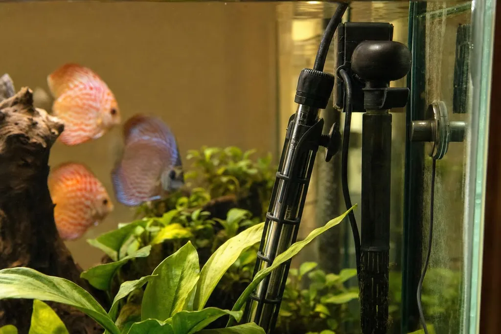 Calentador sumergible con protector colocado en diagonal dentro de un acuario plantado con peces disco al fondo (imagen generada con AI)