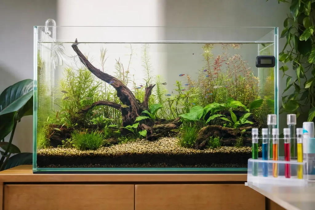 Acuario de agua dulce con plantas y raíz, termómetro en el cristal y tubos de test de agua delante (imagen generada con AI)