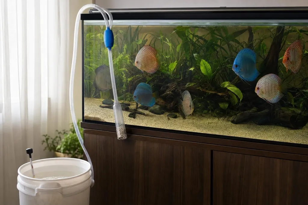 Tubo de sifón apoyado en el borde de un acuario con peces disco y un cubo de agua con termómetro al lado (imagen generada con AI)