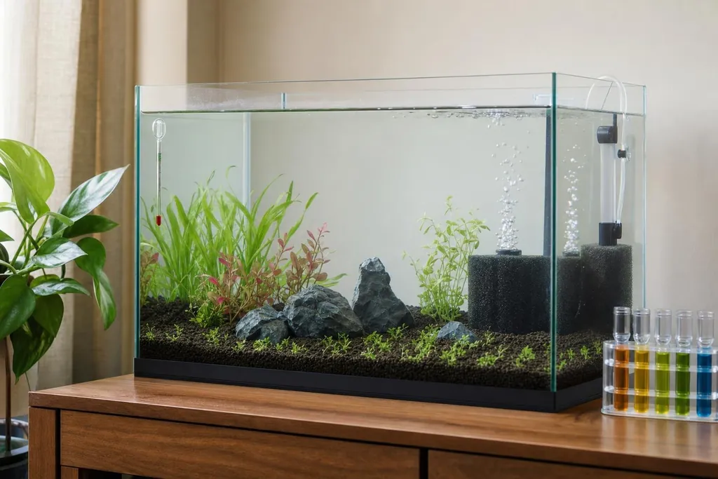 Acuario recién montado con filtro de esponja en marcha y tubos de test de agua junto al cristal (imagen generada con AI)