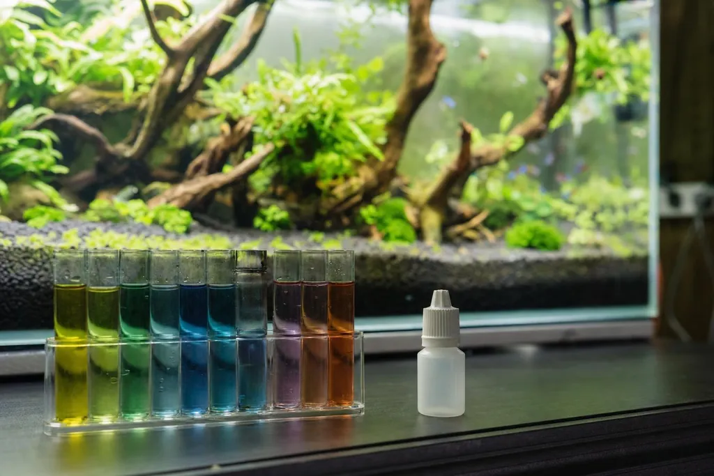 Tubos de test de pH y dureza con distintos colores delante de un acuario plantado con raíces (imagen generada con AI)
