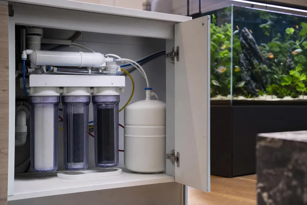 Equipo doméstico de ósmosis inversa con sus filtros y un depósito de agua, con un acuario plantado al fondo (imagen generada con AI)