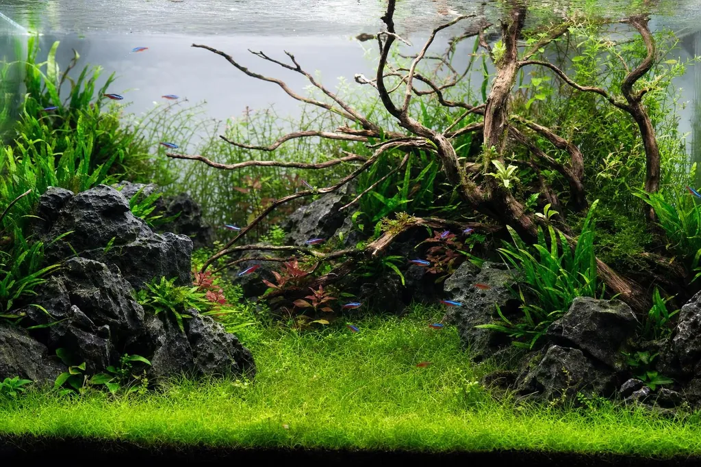 Acuario plantado con piedras, madera y un banco de tetras (imagen generada con AI)