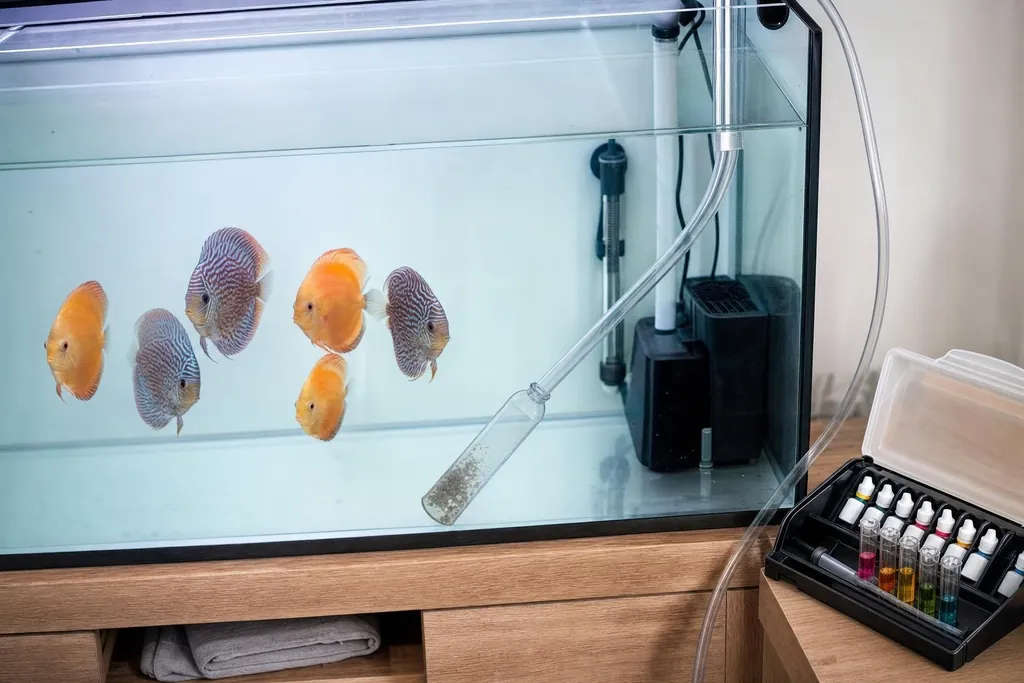 Sifón y kit de análisis de agua junto a un acuario de fondo desnudo con agua clara (imagen generada con AI)