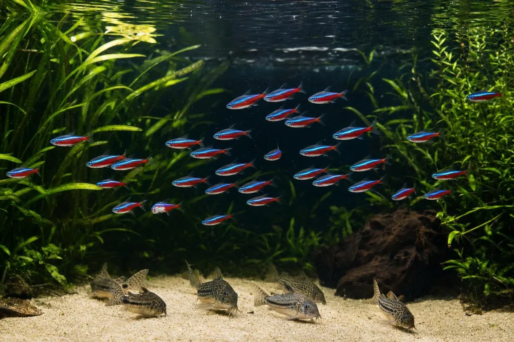 Cardumen de pequeños tetras girando a la vez en un acuario plantado tranquilo (imagen generada con AI)