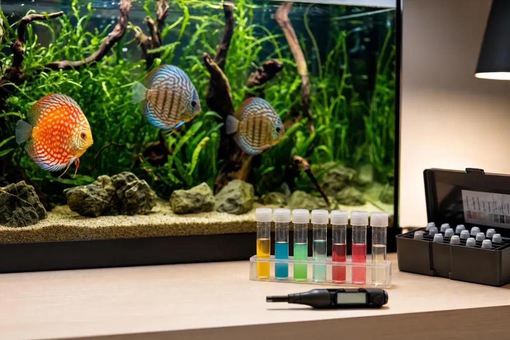 Kit de análisis de agua con tubos de ensayo junto a un acuario tranquilo con peces disco sanos (imagen generada con AI)