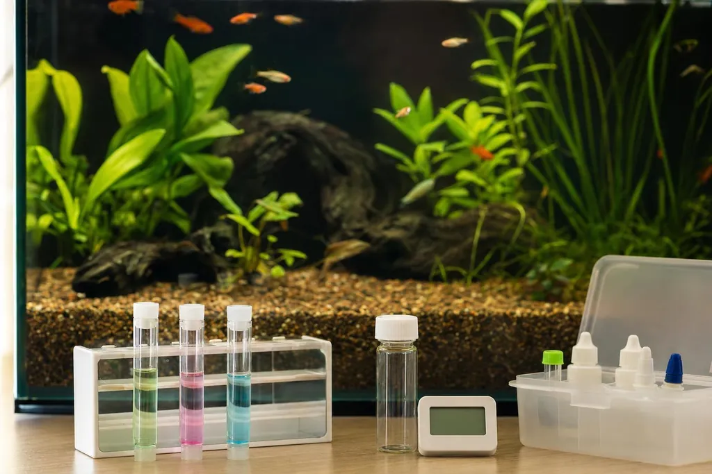 Kit de análisis de agua y termómetro junto a un acuario de agua dulce limpio y tranquilo (imagen generada con AI)