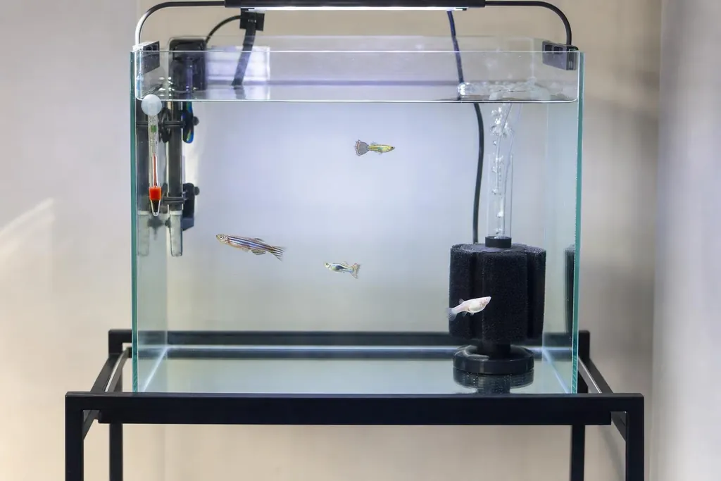 Acuario de cuarentena sencillo con filtro de esponja, calentador y termómetro, con peces tranquilos (imagen generada con AI)