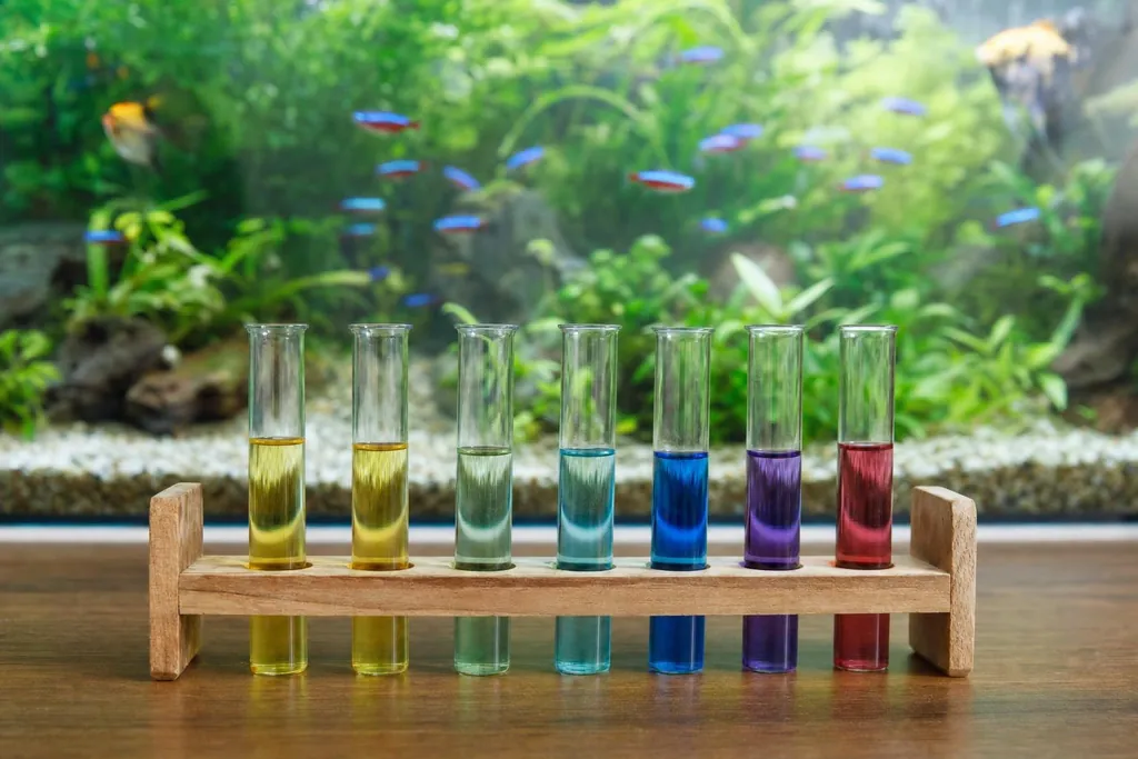 Tubos de ensayo con muestras de agua delante de un acuario plantado y tranquilo (imagen generada con AI)