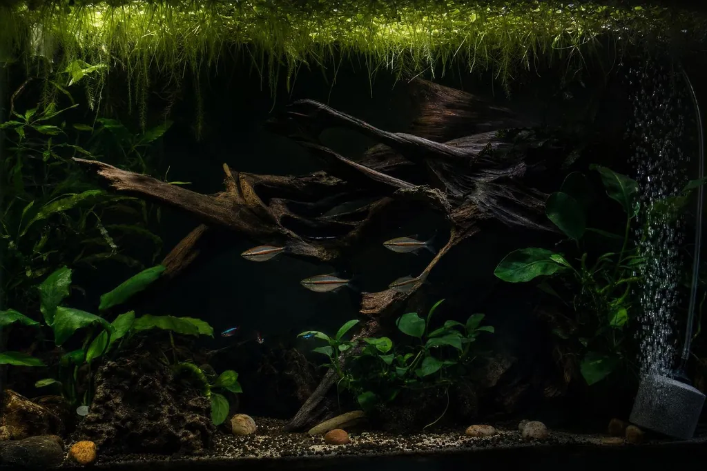 Acuario en penumbra con raíces oscuras, plantas flotantes y peces sanos nadando con calma (imagen generada con AI)