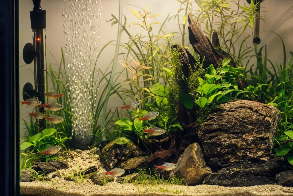 Acuario plantado con un grupo de peces sanos, calentador y difusor de aire con burbujas finas (imagen generada con AI)