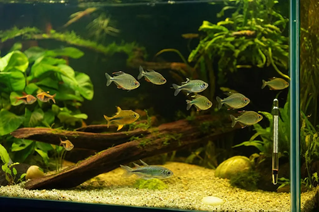 Acuario tranquilo con peces sanos nadando en posición horizontal a media altura entre plantas y raíces (imagen generada con AI)