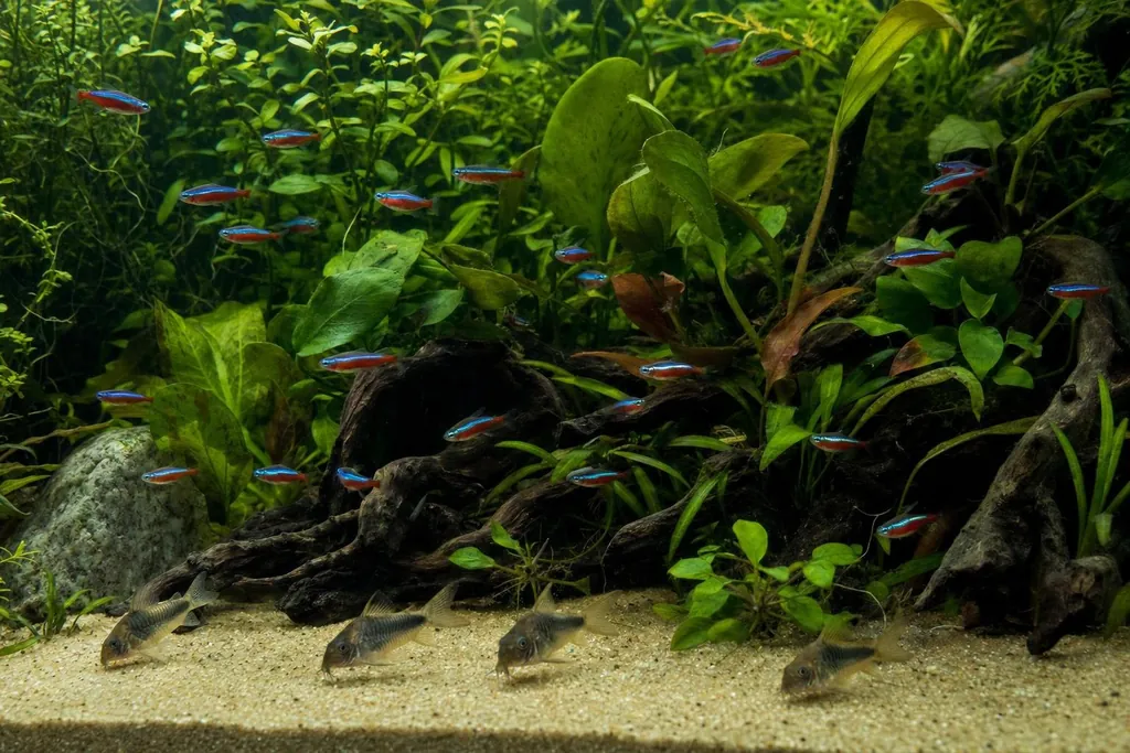 Acuario plantado de agua dulce con un cardumen de tetras cardenal y corydoras sobre arena fina (imagen generada con AI)