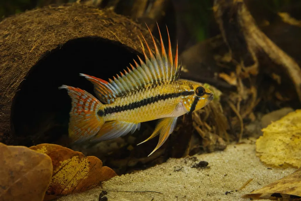 Macho de Apistogramma cacatuoides con la aleta dorsal desplegada y bordes rojizos junto a una cueva (imagen generada con AI)
