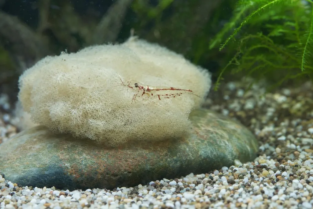Diminuta gamba Caridina spongicola translúcida con marcas blancas y rojizas sobre una esponja de agua dulce (imagen generada con AI)