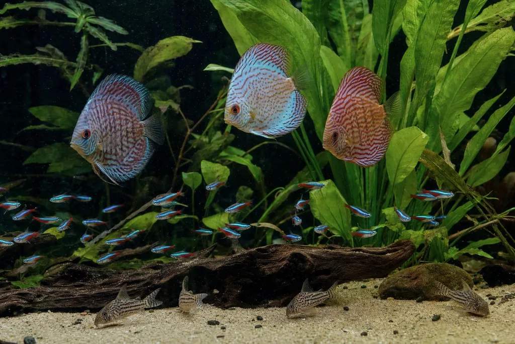 Peces disco nadando junto a un cardumen de tetras cardenal y corydoras en un acuario amplio (imagen generada con AI)