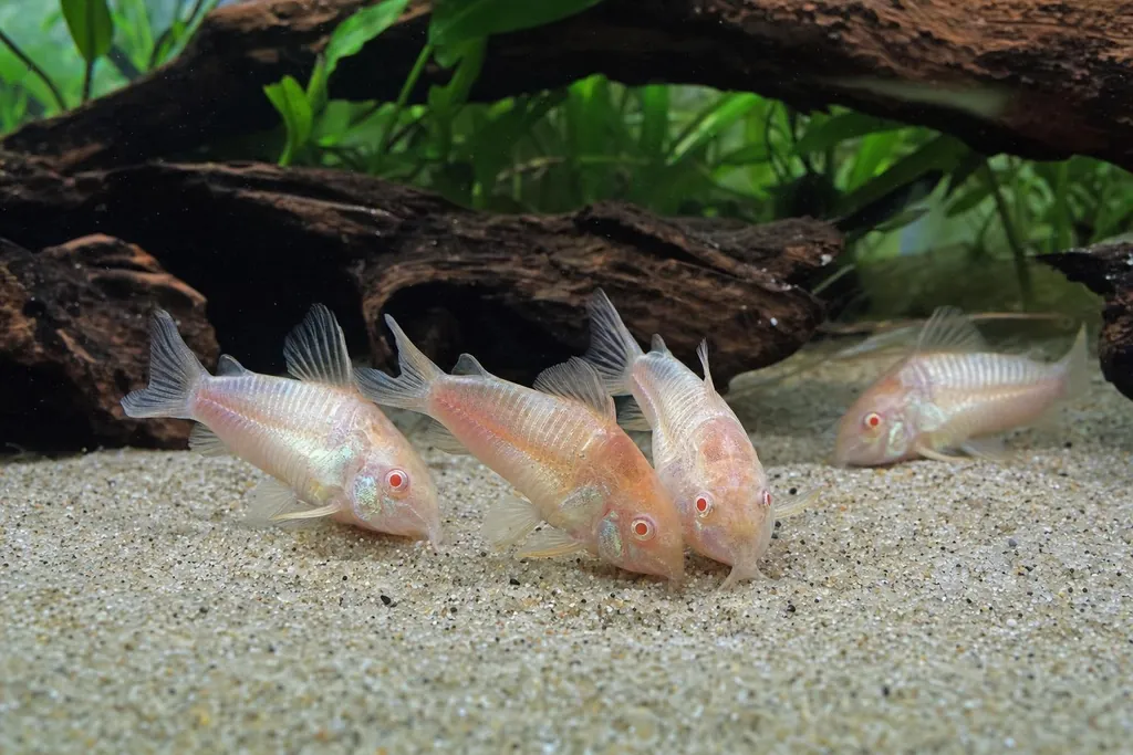 Grupo de corydoras albinos de cuerpo blanco rosado buscando comida en un fondo de arena fina (imagen generada con AI)