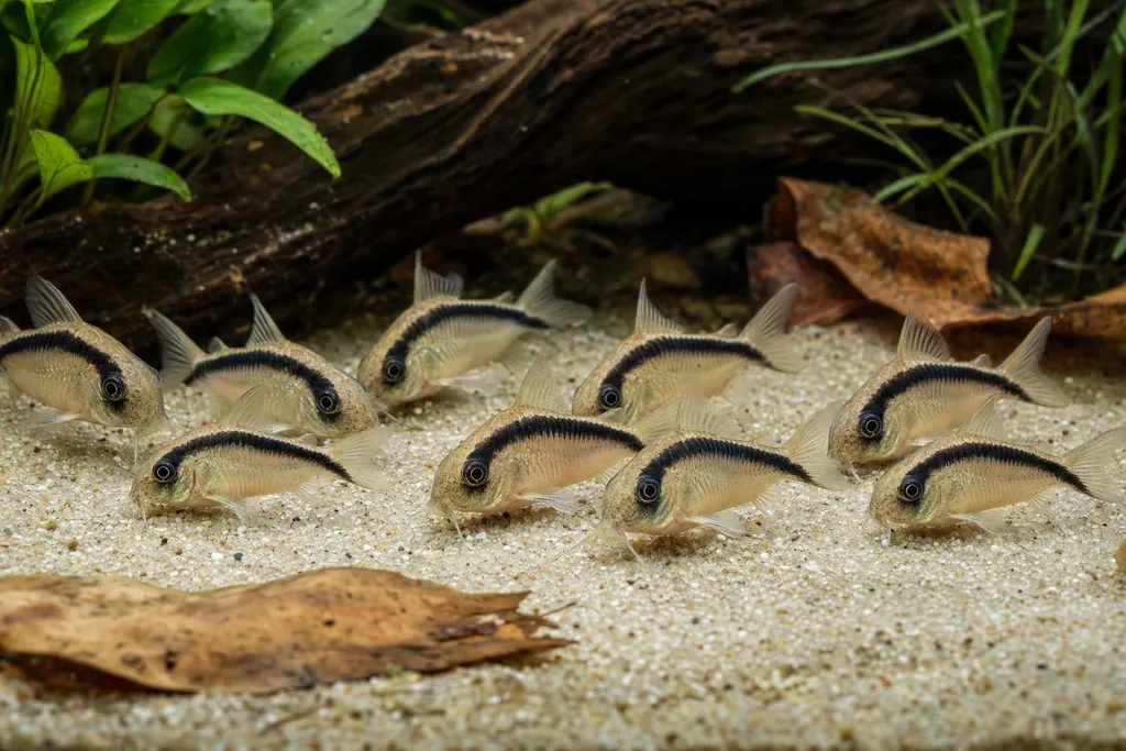 Corydoras arcuatus de cuerpo claro con una banda negra arqueada del hocico a la cola sobre arena fina (imagen generada con AI)