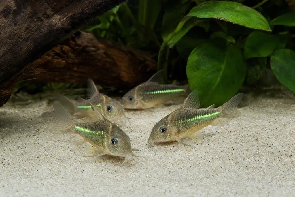 Corydoras green laser con una banda verde metálica en el costado buscando comida sobre arena clara (imagen generada con AI)