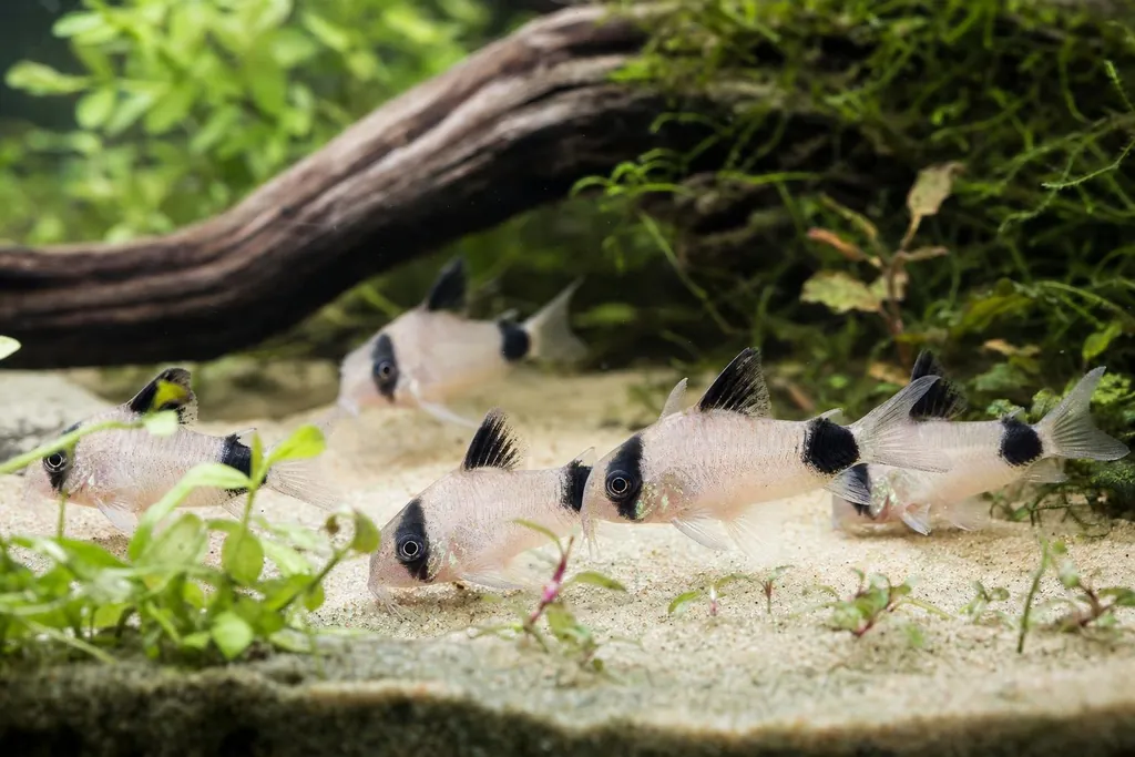 Grupo de corydoras panda blancos con manchas negras en los ojos buscando comida en la arena (imagen generada con AI)