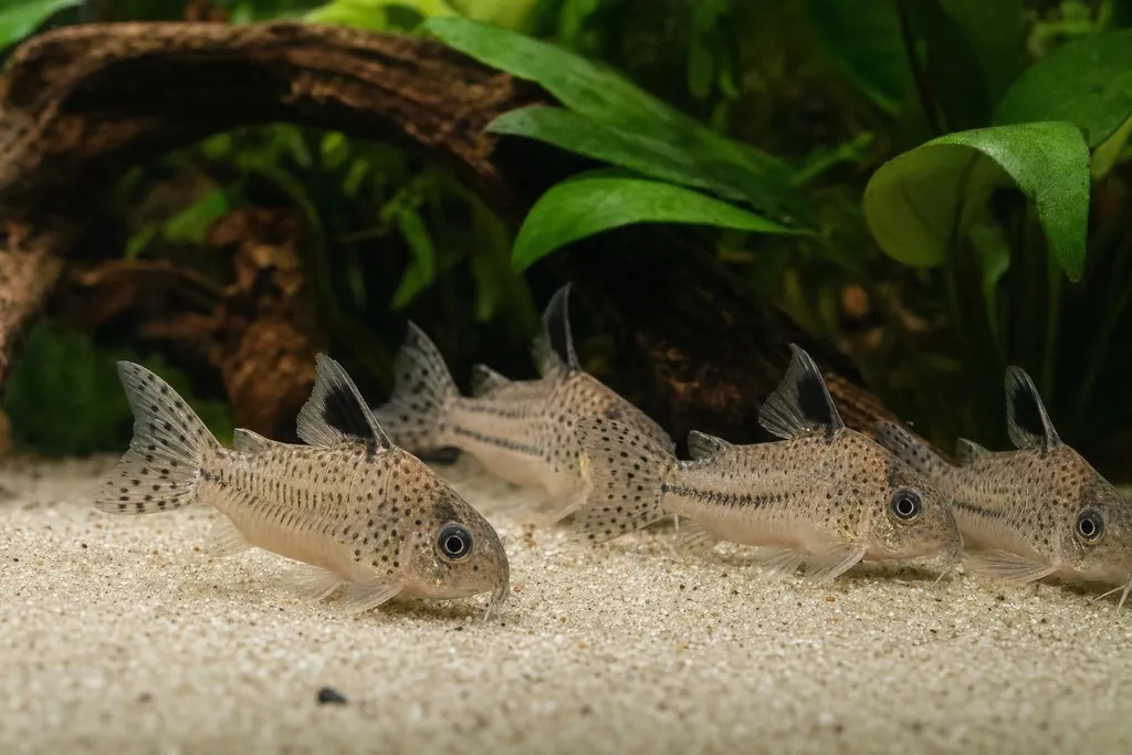 Pequeño grupo de corydoras moteados descansando sobre arena fina junto a una raíz (imagen generada con AI)