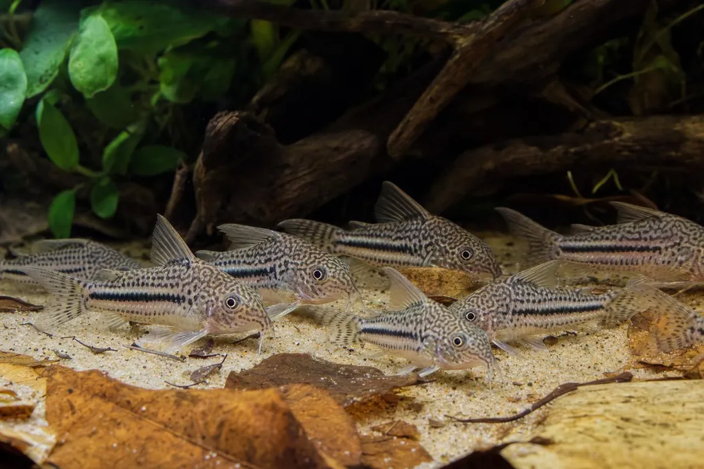 Corydoras trilineatus de cuerpo claro con dibujo reticulado oscuro buscando comida entre hojas sobre arena (imagen generada con AI)