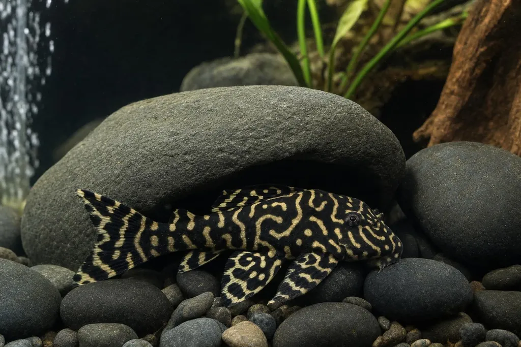 Hypancistrus L333 negro con líneas amarillentas irregulares junto a una cueva entre piedras lisas (imagen generada con AI)
