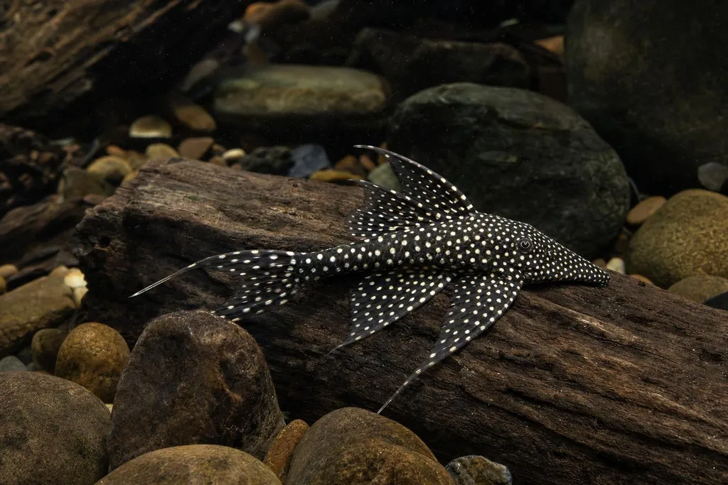 Pleco galaxia negro con pequeños puntos blancos sobre una raíz entre piedras redondeadas (imagen generada con AI)