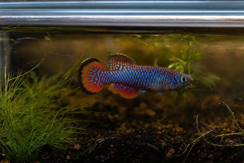 Macho de Nothobranchius rachovii con escamas azules bordeadas de rojo sobre un fondo oscuro de turba (imagen generada con AI)
