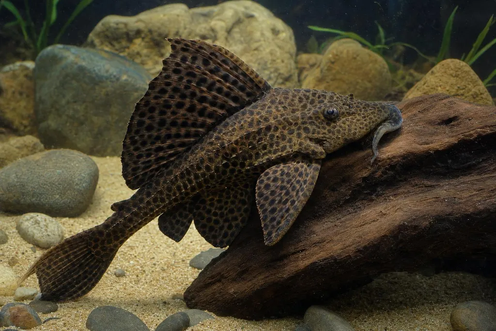 Plecostomus adulto de cuerpo marrón moteado apoyado sobre un tronco en un acuario amplio (imagen generada con AI)