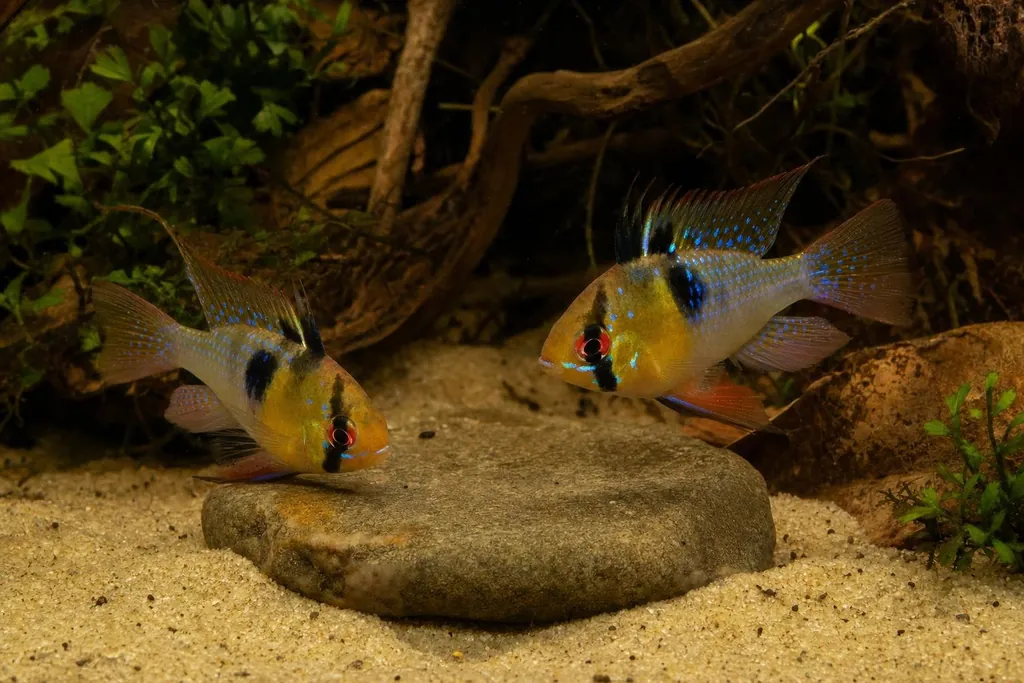 Pareja de ramirezi con reflejos azules y cabeza amarillenta junto a una piedra plana en un acuario plantado (imagen generada con AI)