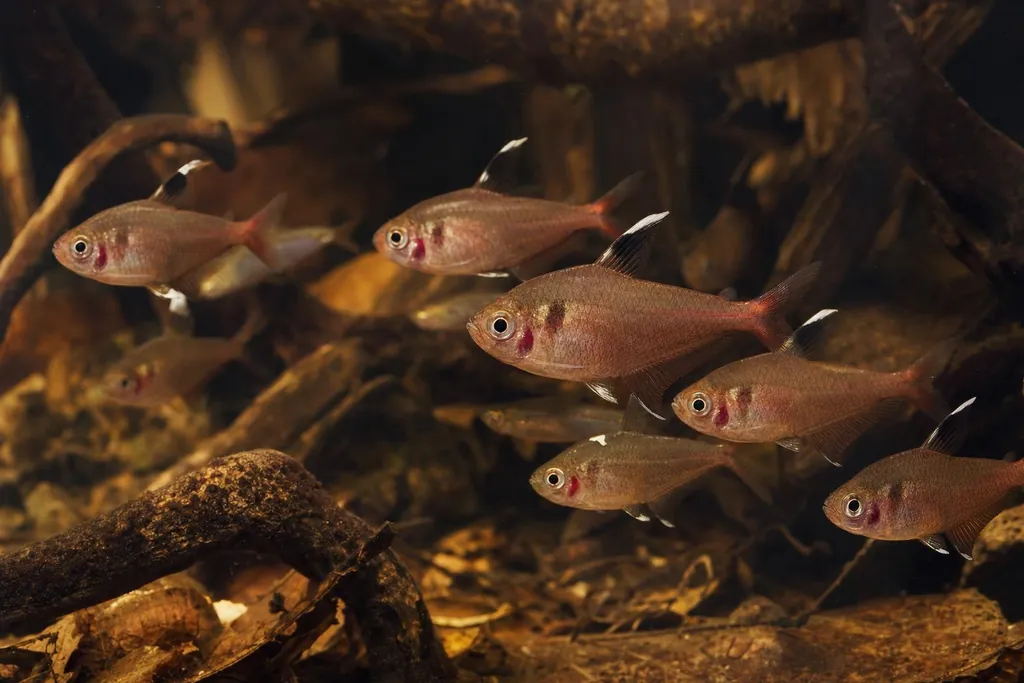 Cardumen de tetras corazón sangrante de cuerpo rosado con una mancha roja en el costado en un acuario de agua tostada (imagen generada con AI)