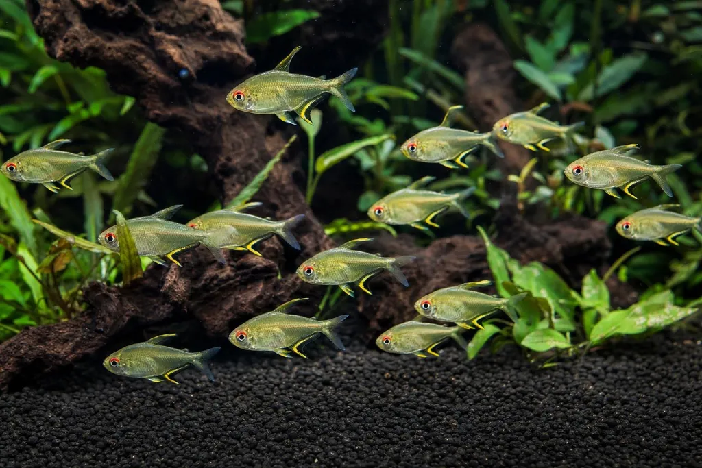 Grupo de tetras limón de cuerpo amarillo translúcido y ojo rojo entre plantas verdes (imagen generada con AI)