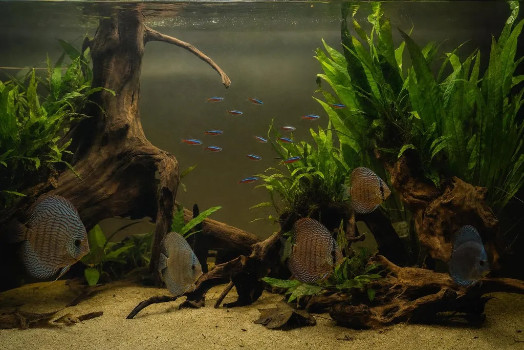 Acuario tranquilo con troncos, plantas de hoja ancha, peces disco y un banco de tetras (imagen generada con AI)