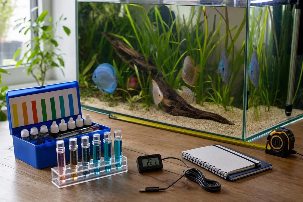 Cinta métrica, kit de análisis y termómetro sobre una mesa junto a un acuario con peces disco (imagen generada con AI)