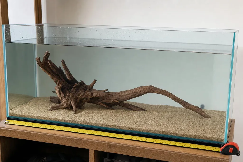 Acuario rectangular con una cinta métrica a lo largo del frontal, arena fina y un tronco (imagen generada con AI)