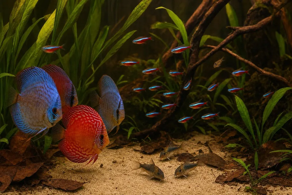 Acuario de peces disco con un banco de tetras cardenal y corydoras sobre arena fina (imagen generada con AI)