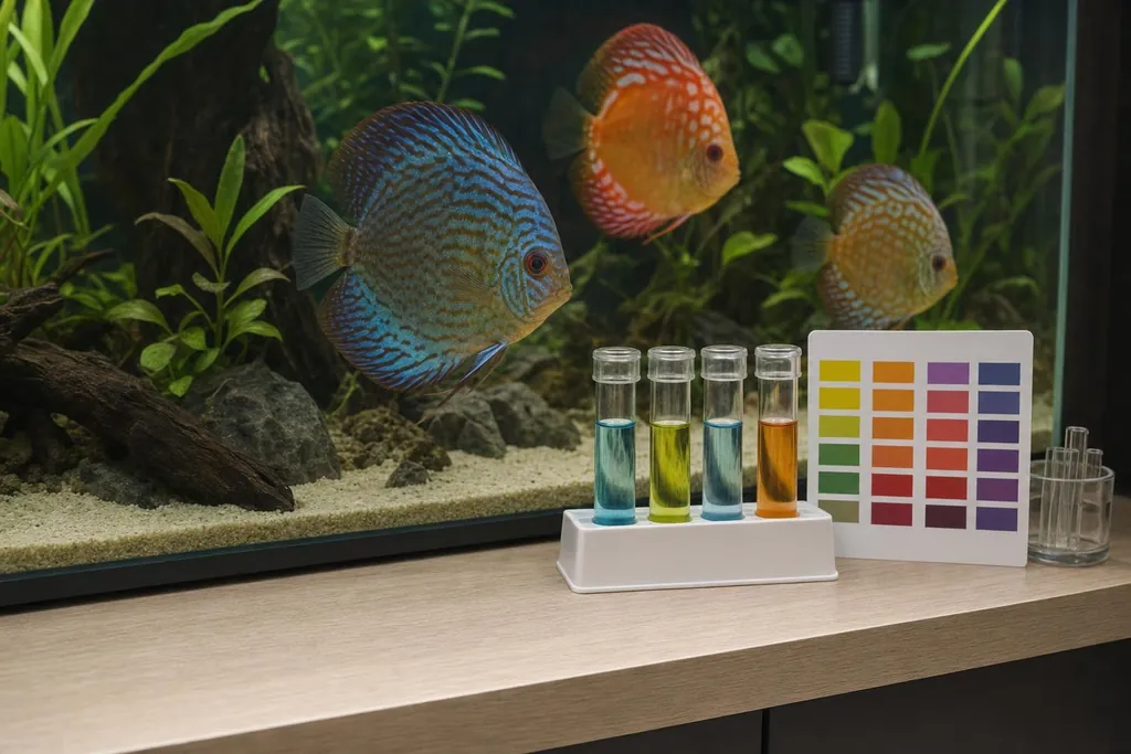 Tubos de un test de agua con resultados de color junto a un acuario de discos tranquilo (imagen generada con AI)