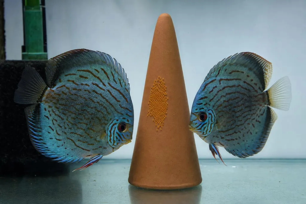 Pareja de peces disco turquesa vigilando una puesta de huevos sobre un cono de cría de barro (imagen generada con AI)