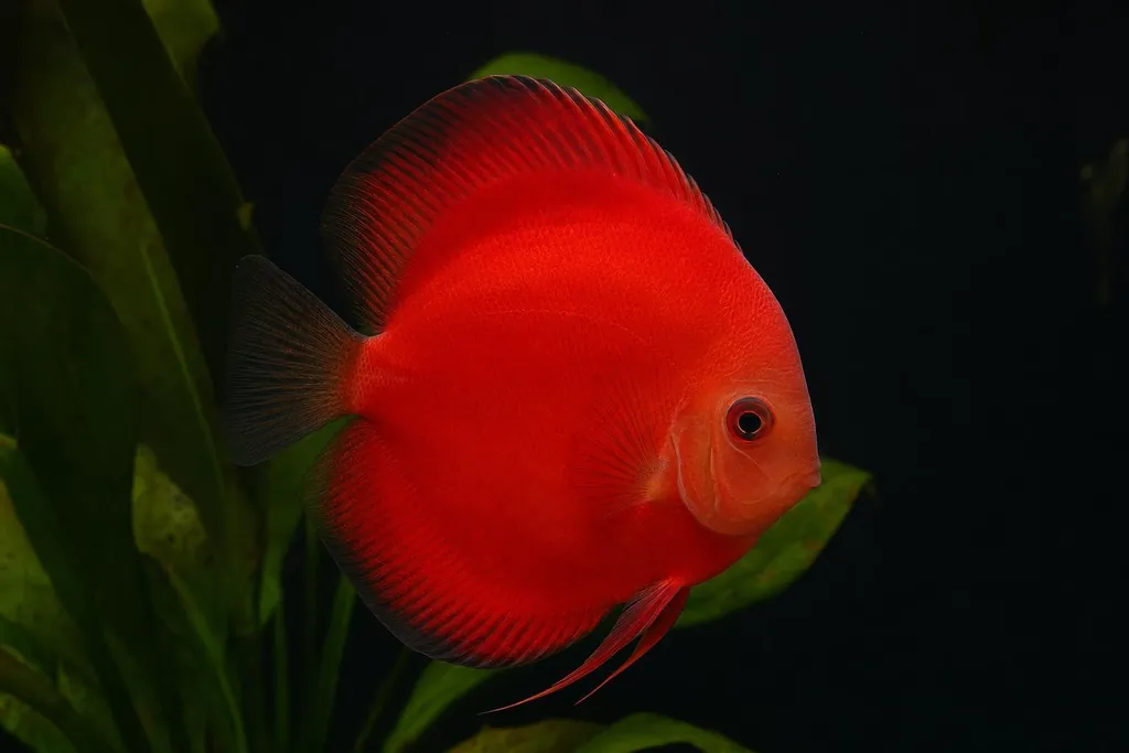 Pez disco rojo de cuerpo uniforme nadando en un acuario limpio con fondo oscuro y hojas verdes (imagen generada con AI)