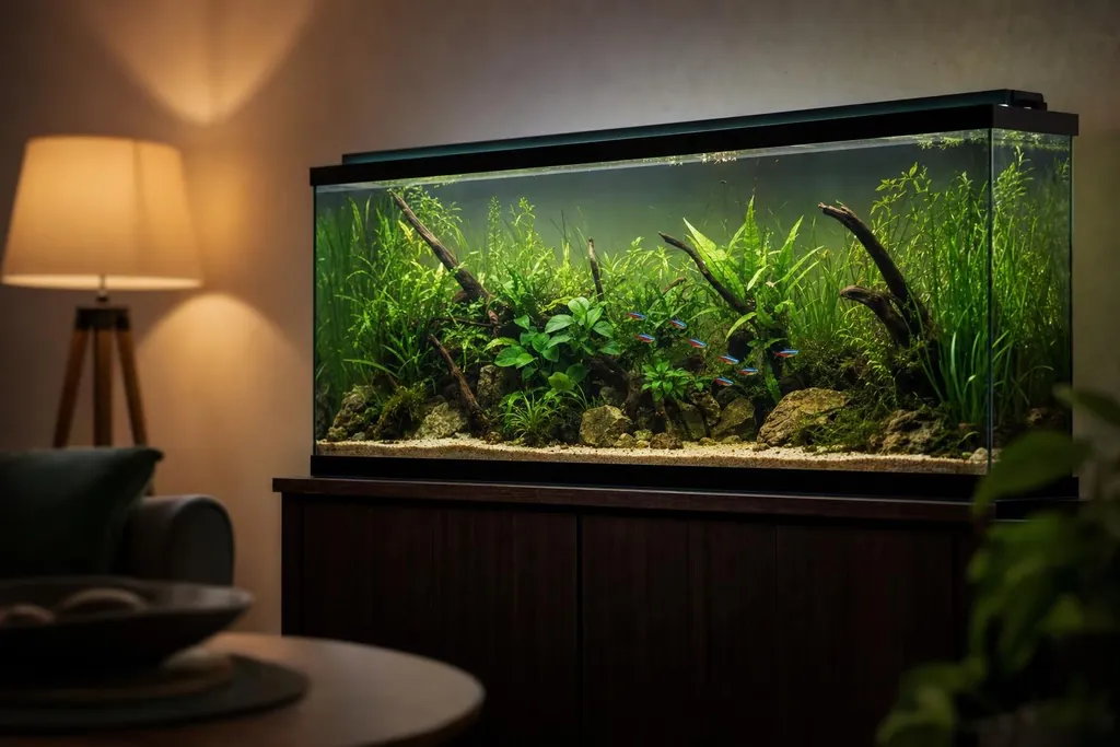 Acuario plantado sobre un mueble de madera en un salón tranquilo al atardecer (imagen generada con AI)