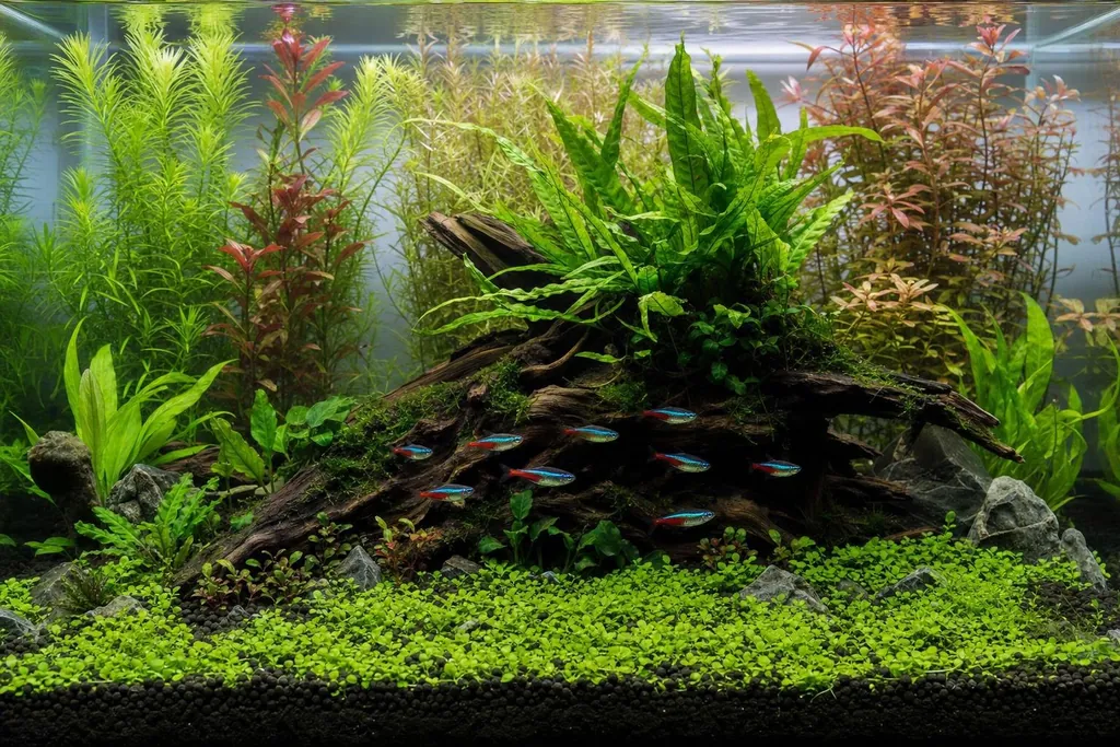 Acuario plantado con césped bajo en primer plano, plantas de tallo al fondo y un tronco central (imagen generada con AI)