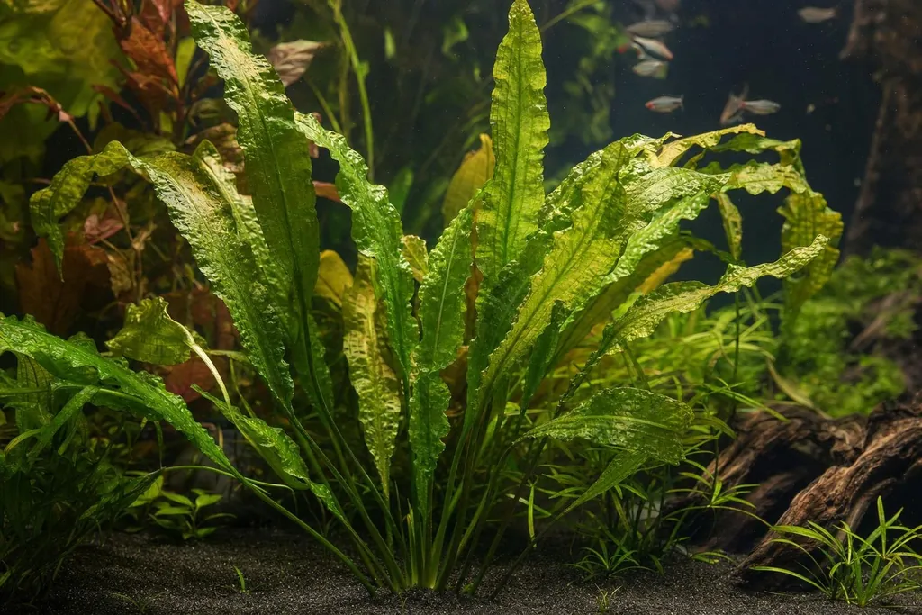 Aponogeton crispus con hojas largas, verdes y de borde ondulado creciendo hacia la superficie del acuario (imagen generada con AI)