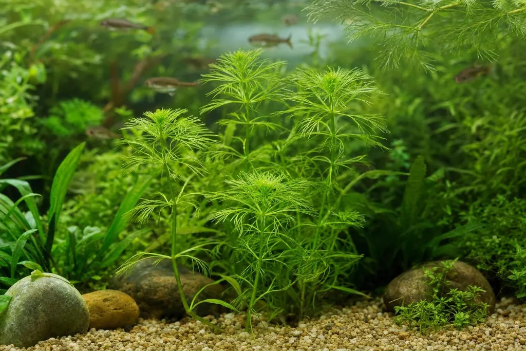 Tallos de violeta de agua con hojas verdes plumosas en verticilo dentro de un acuario de agua fría con grava clara (imagen generada con AI)