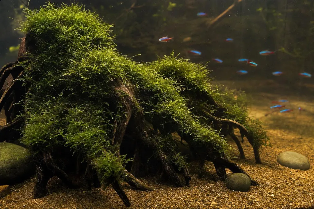 Raíz cubierta de musgo de Java verde oscuro en mechones irregulares dentro de un acuario con luz tenue (imagen generada con AI)