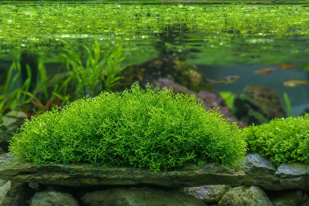 Cojín verde brillante de Riccia fluitans sobre piedras planas con pequeñas burbujas de oxígeno atrapadas (imagen generada con AI)